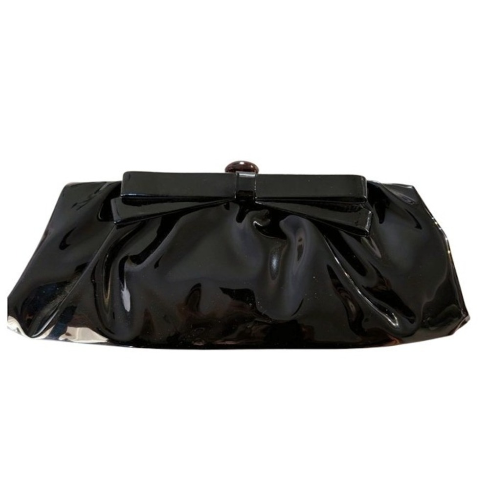 Vintage Style Black Patent Ruched Bow Clutch Gold Frame Amber Kiss Lock‎ Bag